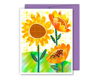 Sunflower card, colorful sunflowers, cute flower card, sunflower birthday, sunflower thank you, sunflower cards