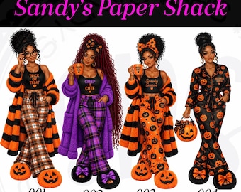 Holiday Pajama Girls Clipart, Halloween Thanksgiving Christmas PNG, Black Women Pajama Clipart, Holiday Planner Girls, Seasonal stickers