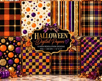 Halloween Digital Paper, Orange Purple Black Digital Paper, Halloween Plaid, Checkerboard, Polka Dot, Gold Glitter Scrapbook Paper