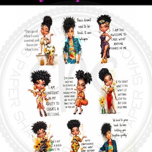 Pode incluir: Uma folha de arte digital intitulada Sandy's Paper Shack apresentando nove ilustrações de mulheres negras com cabelos cacheados, cada uma acompanhada de citações inspiradoras. As personagens vestem trajes diversos, incluindo vestidos, jaquetas jeans e tops.