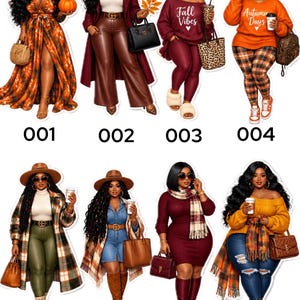 Pode incluir: Uma coleção de oito ilustrações digitais numeradas de 001 a 008, cada uma retratando uma pessoa com roupas de temática outonal. Os trajes incluem várias combinações de chapéus, suéteres, vestidos, casacos, leggings e bolsas em tons sazonais.