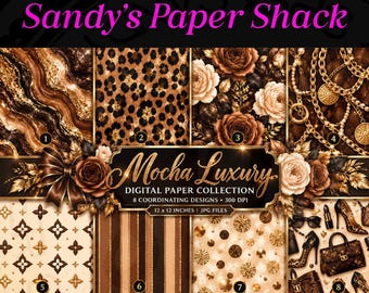 Mocha Luxury Digital Paper, Chocolate Brown Scrapbook Paper, Caramel Leopard Print, Gold Glam Backgrounds, Neutral Planner Paper