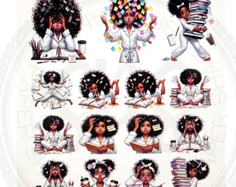 Quirky Planner Girl Stickers, Afro Woman Clipart, Budget , Black Girl Cleaning,Journal, Funny Burnout Girls Stickers and It’s Quirky Coffee
