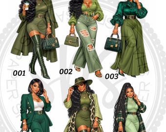 May include: A digital illustration sheet titled Sandy's Paper Shack featuring six distinct fashion ensembles in shades of olive and forest green. Each figure displays a unique outfit including dresses, trousers, coats, and handbags, labeled 001 through 006.