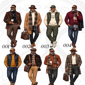 May include: A digital catalog titled Sandy's Paper Shack displaying eight distinct outfits labeled 001 through 008. Each outfit features a different combination of jackets, sweaters, scarves, trousers, and accessories like hats and bags in various colors.