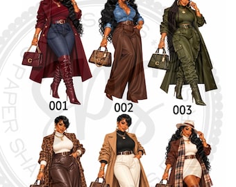 May include: Six fashion illustrations labeled Sandy's Paper Shack, numbered 001 through 006. Each shows a different outfit featuring long coats, trousers, skirts, handbags, and boots in various colors including burgundy, brown, olive, and tan.