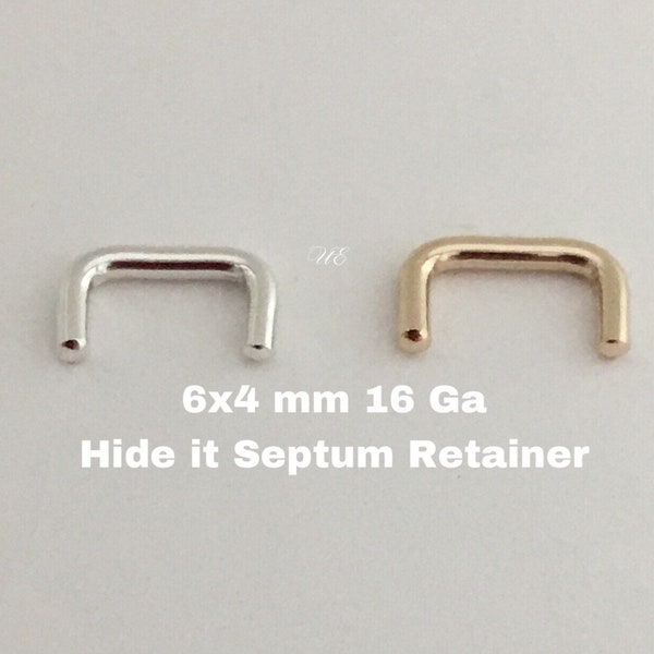 14Ga Septum Retainer 16 Gauge 4x6 mm Hide Septum Piercing Silver 925, 14k Gold Fill 14k Rose Gold Fill Septum Staple Unbridled Essence