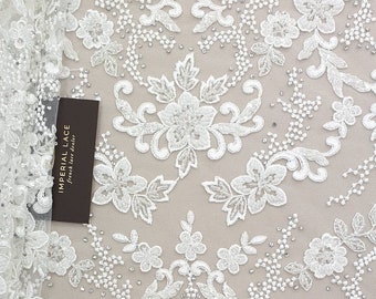 White 3D lace fabric, Beaded Lace Fabric, Bridal lace fabric, French Lace, Sequin lace, Wedding Lace, Floral Lace, Couture lace, B00532