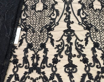 Black Beaded 3D Lace Fabric: Couture Evening Gown Lace