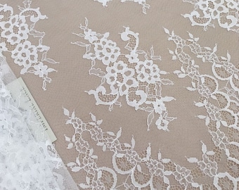 Off White Floral Chantilly Lace Fabric, Scalloped Edge, Stretch Lace
