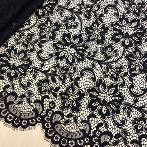 Black lace fabric, Lace fabric, Boho lace fabric, Alencon lace fabric, Scalloped lace fabric, Bridal lace, Fabric By the Yard M000021