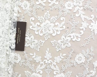 Encaje nupcial blanco con estampado floral 3D - Encaje de lentejuelas bordado con cuentas para bodas, Alta costura B00532