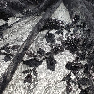 3D Schwarzer Spitzenstoff, Bestickte Spitze, Französische Spitze, Schwarze Hochzeitsspitze, Paillettenspitze, Couture-Spitze, Schwarze Spitze, Brautspitze M00227