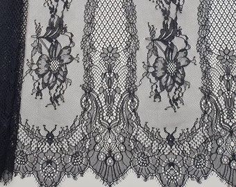 Black lace fabric, French Lace, Floral lace, Chantilly Lac, Wedding Dress Lace, Bridal lace, Black Lace, Veil lace, Lingerie Lace M00232
