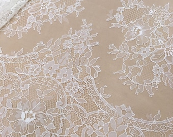 Off White lace fabric, French lace fabric, Chantilly lace fabric, Wedding lace, Floral lace, Veil lace, Bridal lace, By the yard B00128