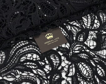 Black Sequin Lace Fabric, Scalloped Edge, Bridal Evening Dress Lace