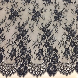 Black Chantilly lace fabric, French lace, Floral lace, Black wedding lace, Eyelash lace, Scalloped lace fabric, By the yard  M00100