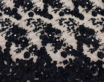 Black 3D Flower Embroidered Lace Fabric, Scalloped Edge