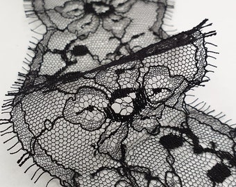 Floral Black Lace Trim, French Lace, Chantilly Lace, Bridal lace, Wedding Dress Lace, Black Lace, Garter lace trim, Lingerie Lace MM00249