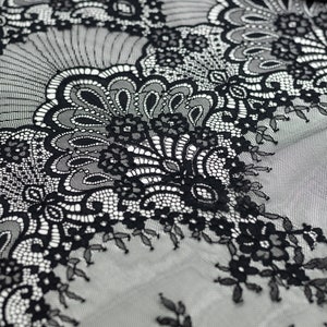Black lace fabric, Lace fabric, Boho lace fabric, Chantilly lace fabric, Scalloped lace fabric, Bridal lace, Fabric By the Yard, M00217