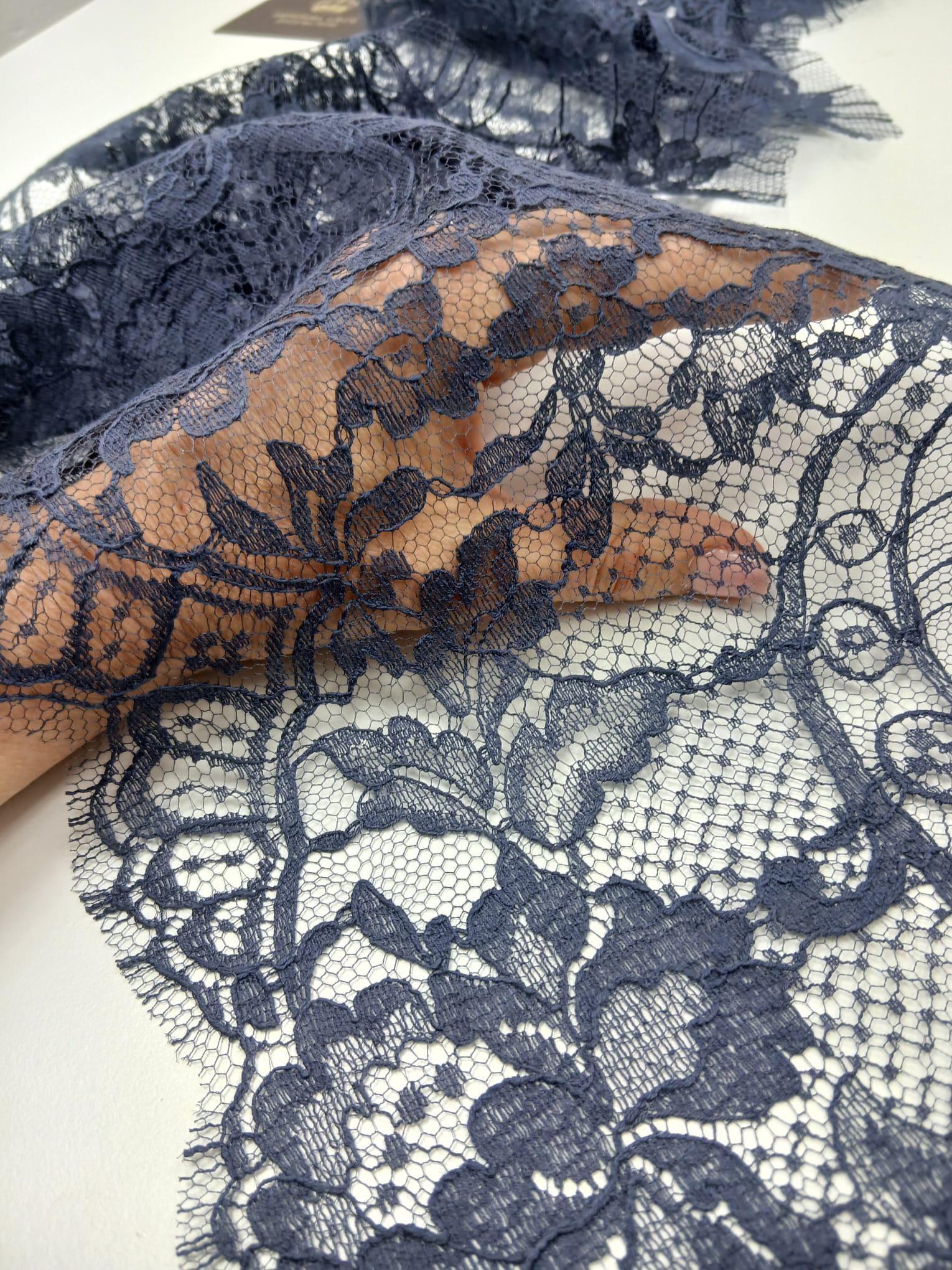 Blue Cotton Blend Lace Trim, French Solstiss Floral Chantilly Lace