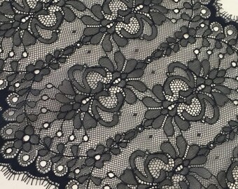 Black Lace Trim, Chantilly Lace, French Lace, Bridal lace, Wedding Lace, Scalloped lace Eyelash lace Floral Lace MM00055