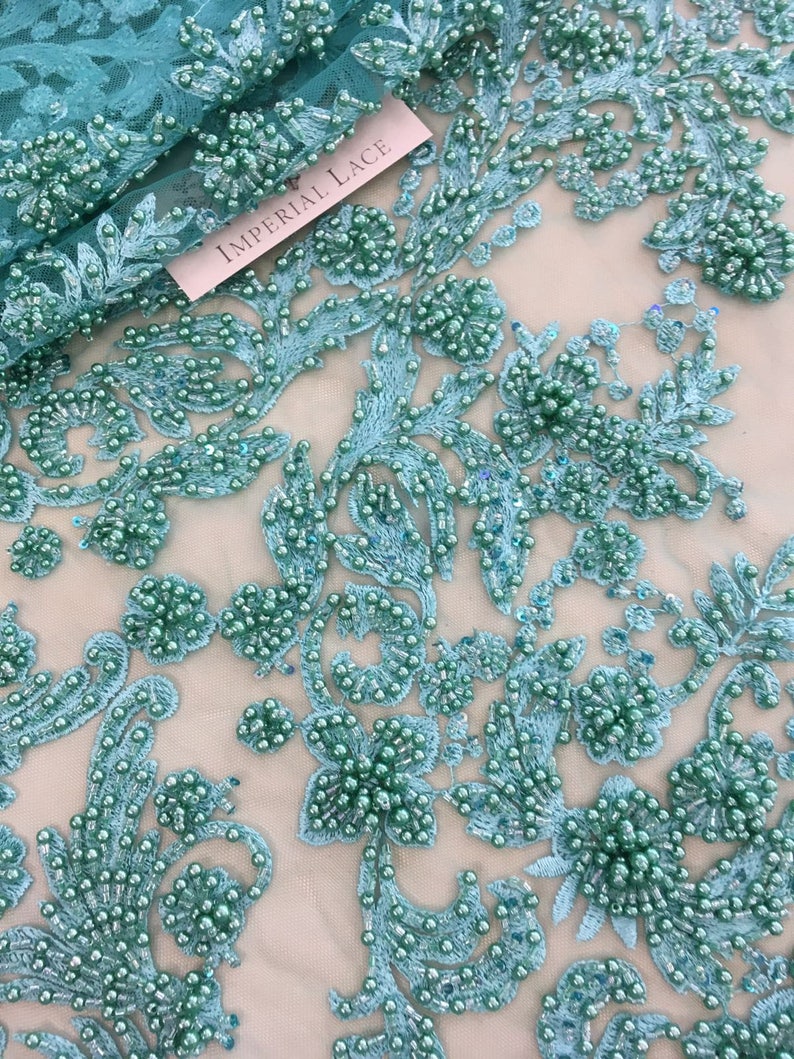 3D green lace fabric Beaded Lace Fabric French Lace Wedding | Etsy