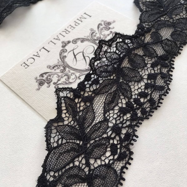 Black  lace trim, Solstiss lace trim, Viscose lace trim, Bridal lace Lingerie Lace Scalloped lace Eyelash lace Floral Lace MM00094