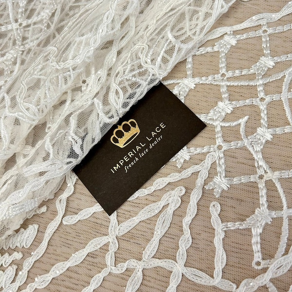 Ivory flittered embroidery lace, Lace fabric, French Lace, Wedding Lace, Bridal lace, White Lace, Veil lace, Lingerie Lace, B00432