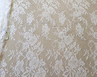 White Chantilly Lace Fabric, Floral Wedding Veil Lace, 80cm Wide