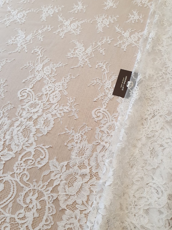 Ivory lace fabric, Embroidered lace, French Lace, Wedding Lace, Bridal lace, Imperial Lace, Veil lace, Lingerie Lace, Chantilly Lace, B00377