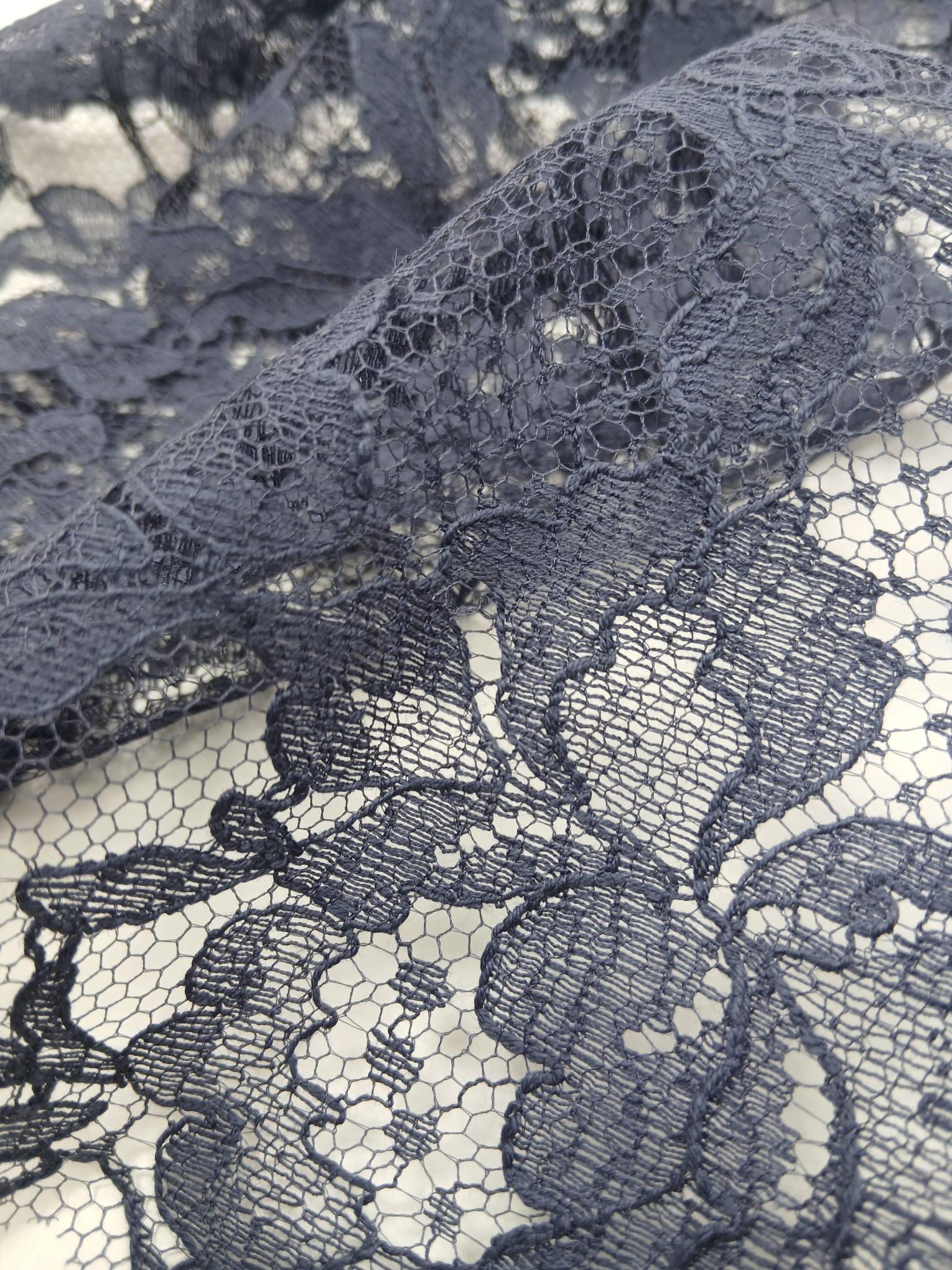 Blue Cotton Blend Lace Trim, French Solstiss Floral Chantilly Lace