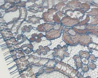 Blue French lace trim with bronze yarn, Floral lace, Bridal Gown lace, Chantilly Lace, French Lace, Evening dress lace, Couture lace MK00618