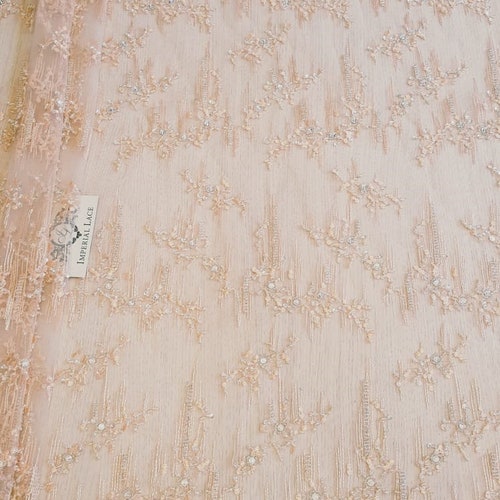 Peach 3D lace hand made fabric, Luxury hand made pearl beads by 3D flowers, French Lace, Embroidered lace, Wedding shops Lace, Bridal lace K00798