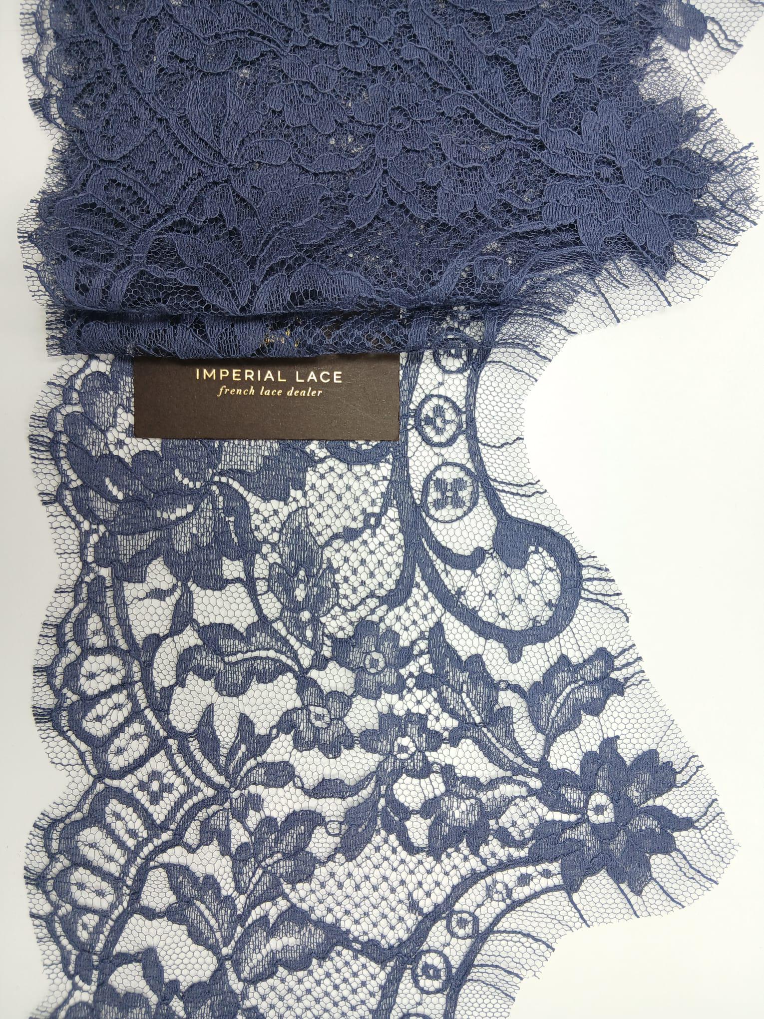 Blue Cotton Blend Lace Trim, French Solstiss Floral Chantilly Lace