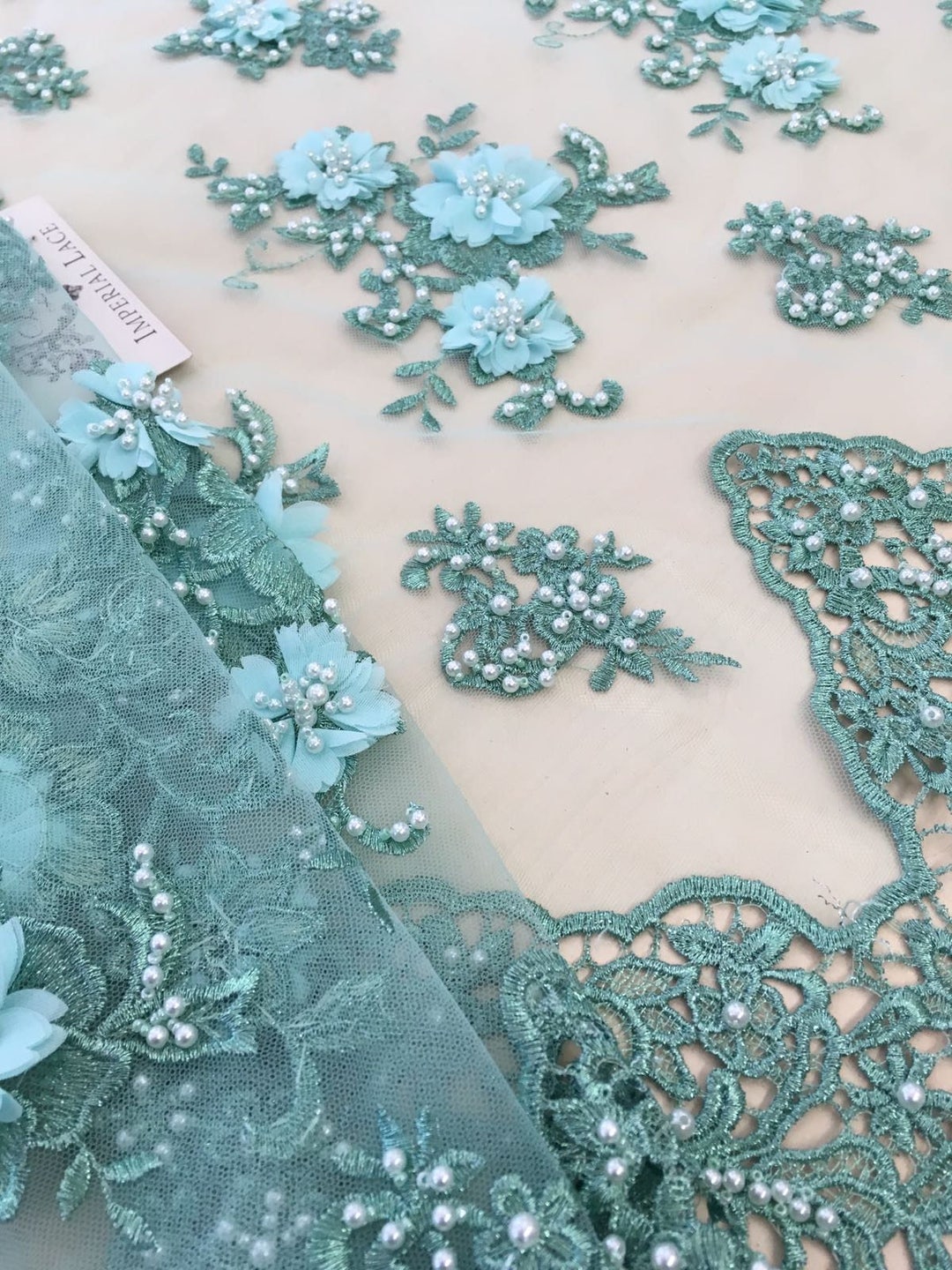 3D Lace Fabric Green Beaded Lace Fabric French Lace Wedding - Etsy