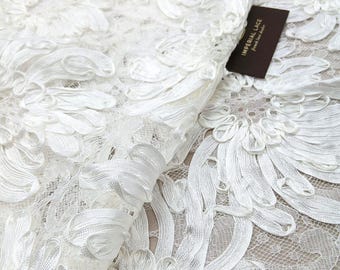 Light Ivory Floral Embroidered Chantilly Lace, Bridal Veil Fabric