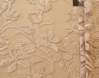 Beige Embroidery Lace Fabric with Sequins, Wedding Veil Lace