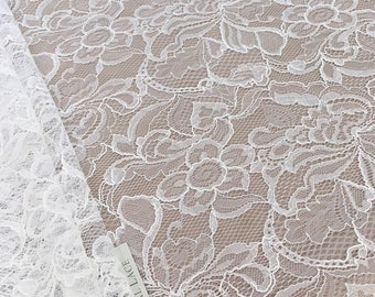 Ivory Floral Chantilly Lace Fabric, Scalloped Edge, Bridal Veil
