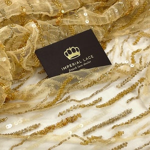 3D Gold lace fabric, Beaded lace fabric, wedding lace, Sequin lace, Evening dress lace, Embroidered lace, Lace by the yard K01042
