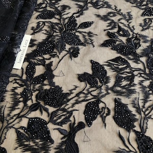 Black Beaded lace fabric, Black 3D lace, Sequin fabric, Imperial Lace, Black Wedding Lace, Floral lace, Evening dress lace M00163