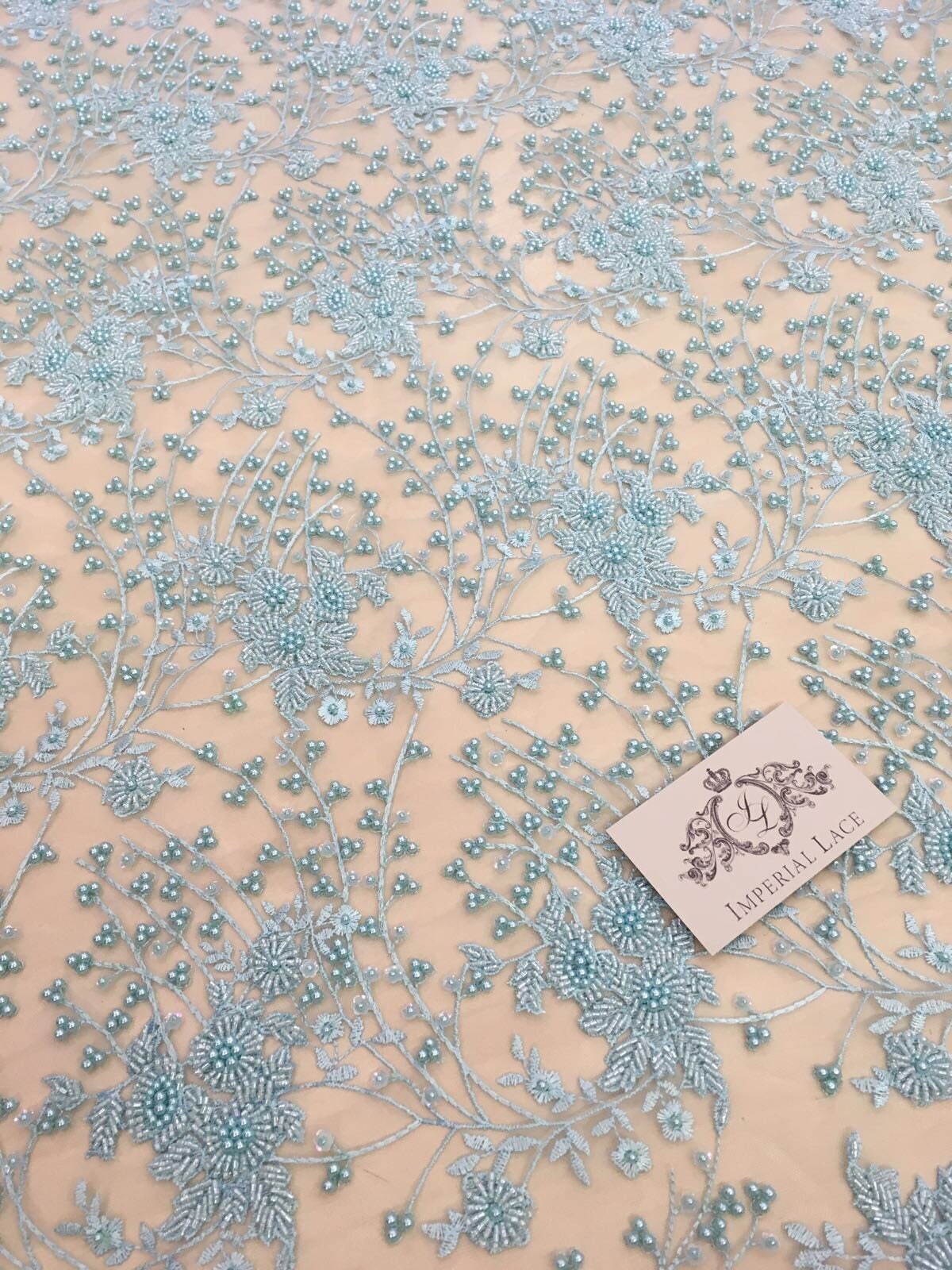 3D Blue lace fabric Beaded Lace Fabric Blue lace fabric Hand | Etsy