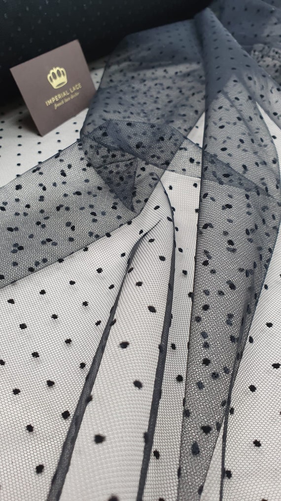 Black Tulle Fabric With Mini Velvet Polka Dots, Flocking Polka