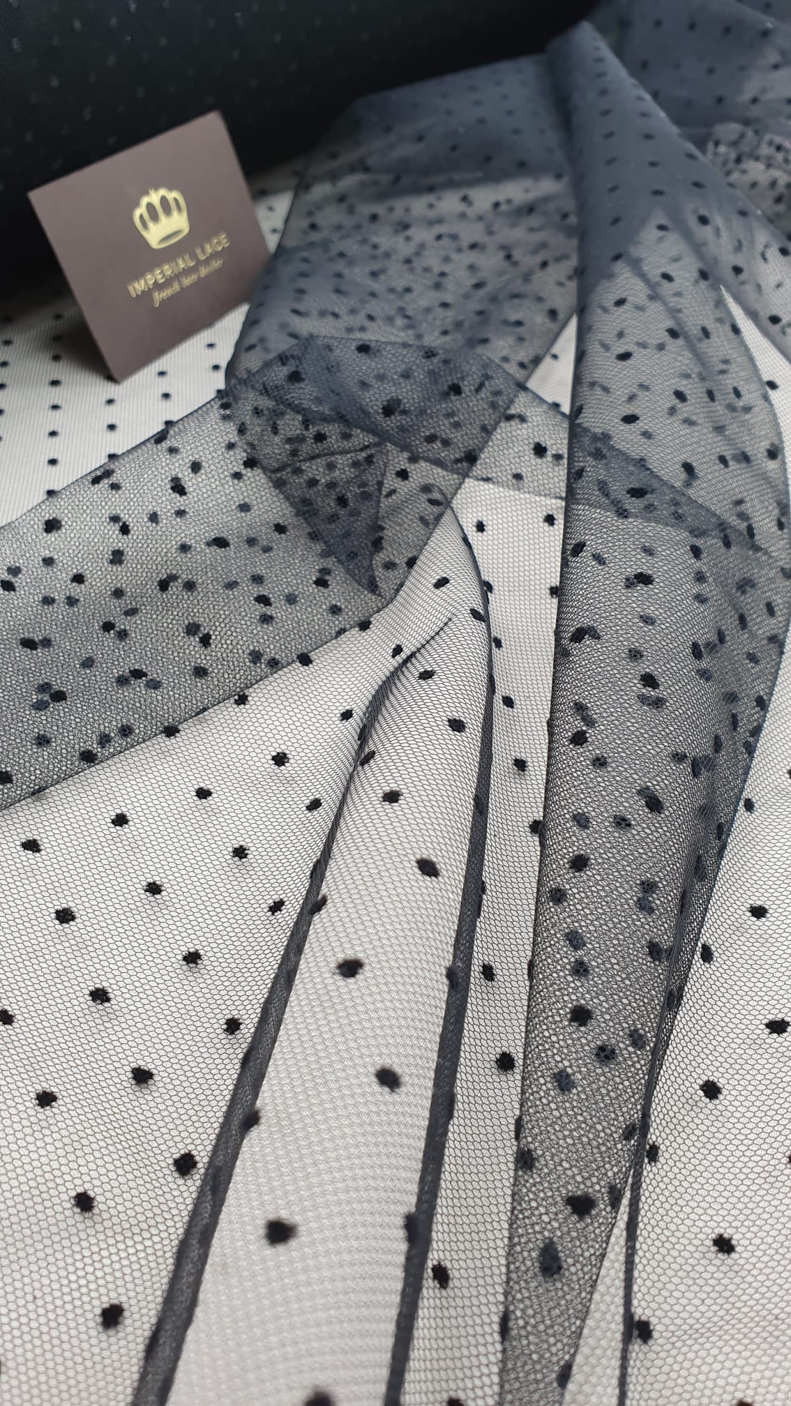 Black Tulle Fabric With Mini Velvet Polka Dots, Flocking Polka
