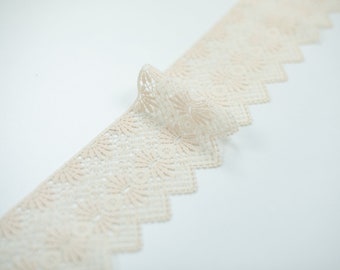 May include: A close-up of a beige crocheted lace trim with a scalloped edge. The lace is delicate and intricate, with a repeating pattern of small flowers.