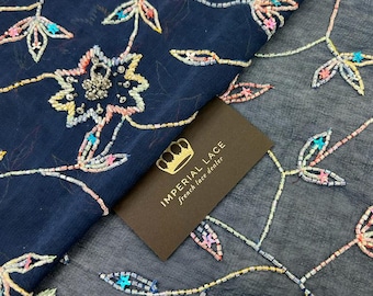 Beaded Embroidery Chiffon Fabric, Dark Blue Wedding Fabric