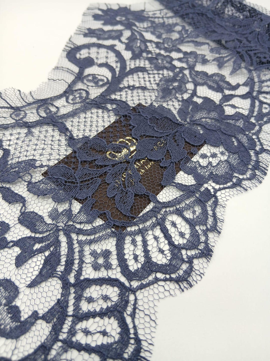 Blue Cotton Blend Lace Trim, French Solstiss Floral Chantilly Lace