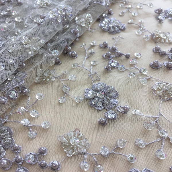 3D lace fabric, Beaded Lace Fabric, French Lace, Wedding Lace, Gray Lace, Lingerie Lace, Chantilly Lace, Beaded lace fabric, K00727