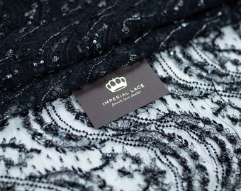 Beaded Black Lace Fabric, Handmade Embroidery, Couture Wedding Lace