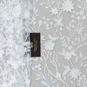 White 3D Flower Embroidered Lace Fabric, Bridal Wedding Lace